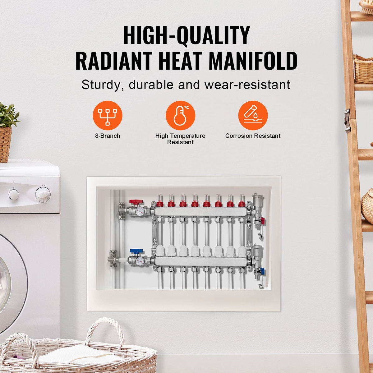 8-Branch Radiant Heat Manifold, 1/2" PEX Tubing Manifold, Stainless Steel PEX Manifold for Hydronic Radiant Floor Heating, Radiant Heat PEX Manifold Kit with 1/2" Adapters Included