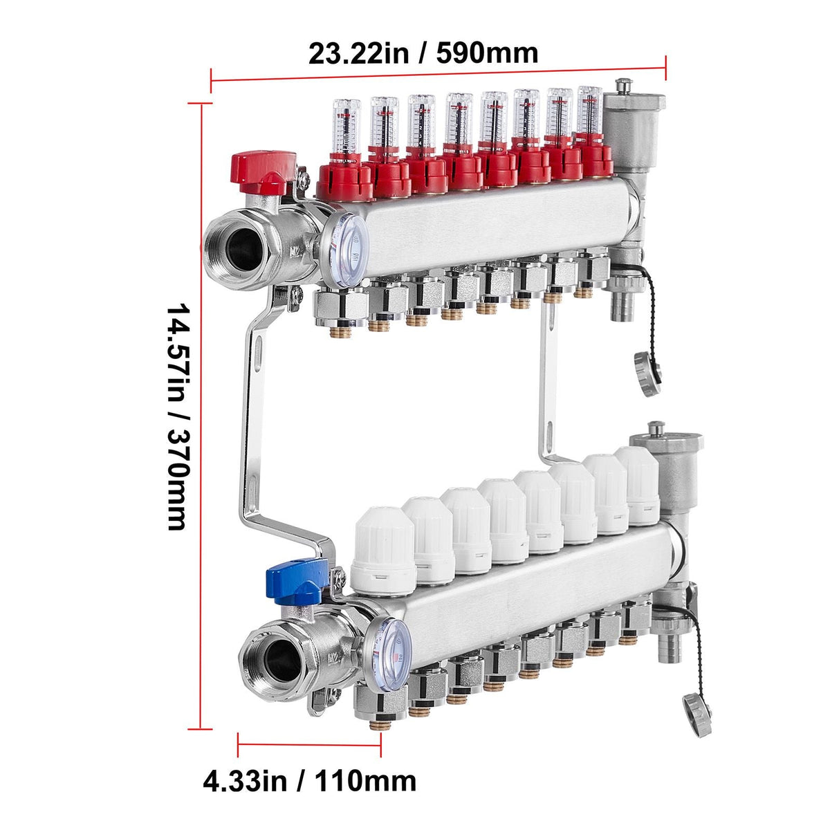 8-Branch Radiant Heat Manifold, 1/2" PEX Tubing Manifold, Stainless Steel PEX Manifold for Hydronic Radiant Floor Heating, Radiant Heat PEX Manifold Kit with 1/2" Adapters Included