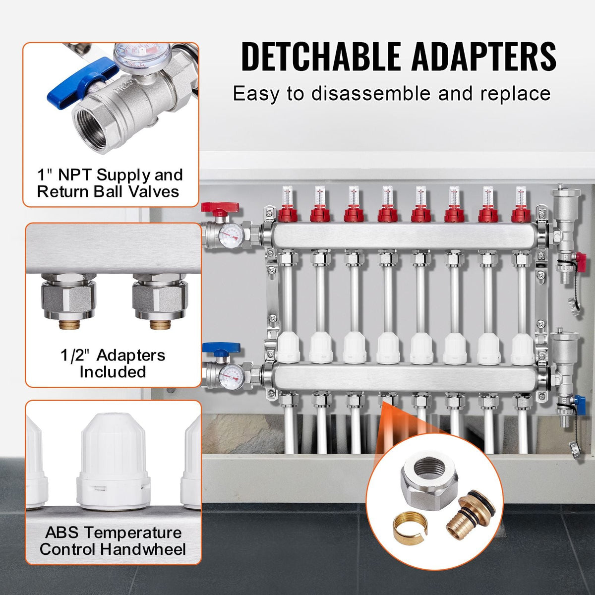 8-Branch Radiant Heat Manifold, 1/2" PEX Tubing Manifold, Stainless Steel PEX Manifold for Hydronic Radiant Floor Heating, Radiant Heat PEX Manifold Kit with 1/2" Adapters Included