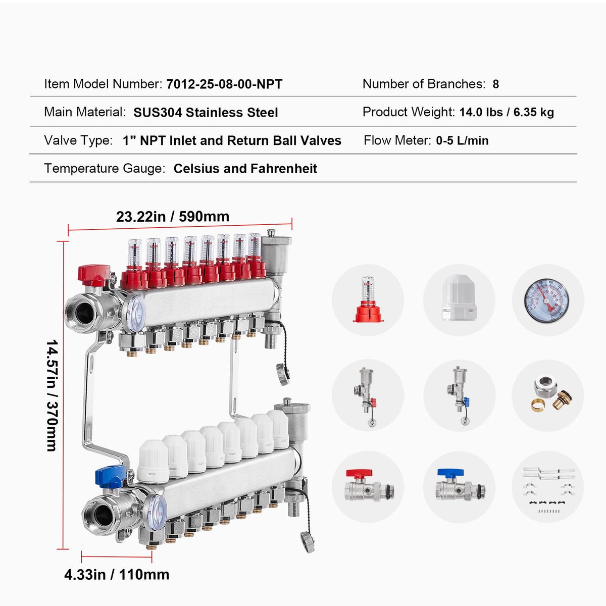 8-Branch Radiant Heat Manifold, 1/2" PEX Tubing Manifold, Stainless Steel PEX Manifold for Hydronic Radiant Floor Heating, Radiant Heat PEX Manifold Kit with 1/2" Adapters Included