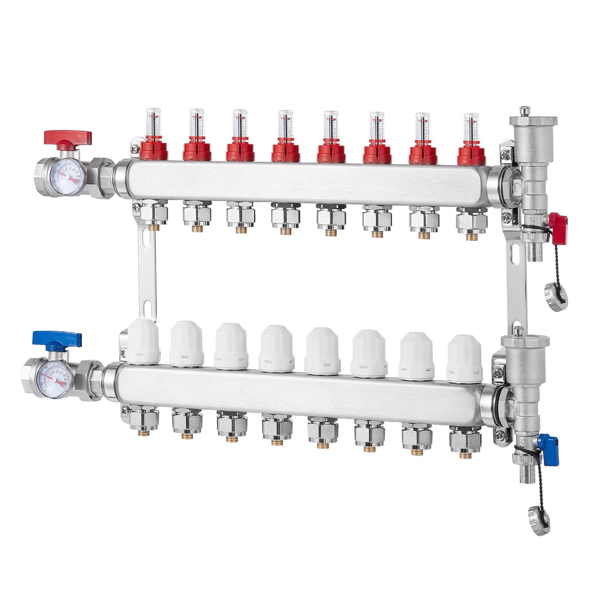 8-Branch Radiant Heat Manifold, 1/2" PEX Tubing Manifold, Stainless Steel PEX Manifold for Hydronic Radiant Floor Heating, Radiant Heat PEX Manifold Kit with 1/2" Adapters Included