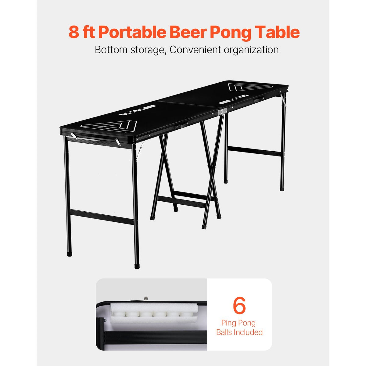 8 Foot Portable Beer Pong Table, Foldable 36 inch Heightened Table, Carrying Handles and 6 Pong Balls, Lightweight Tailgate Table for Office, Tailgate Party, Travel & Camping, Black