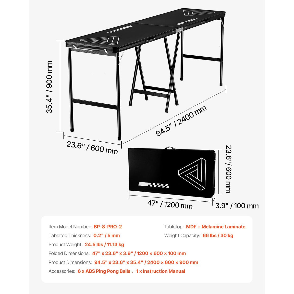 8 Foot Portable Beer Pong Table, Foldable 36 inch Heightened Table, Carrying Handles and 6 Pong Balls, Lightweight Tailgate Table for Office, Tailgate Party, Travel & Camping, Black