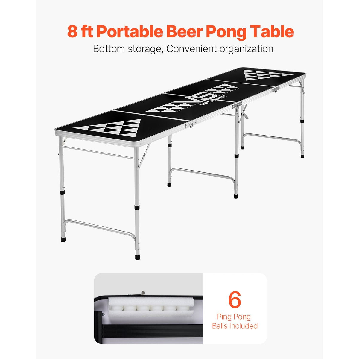 8 Foot Portable Beer Pong Table, Foldable Tailgate Table,Carrying Handles and 6 Pong Balls, Adjustable Height, Lightweight Table for Office, Tailgate Party, Travel and Camping, Black
