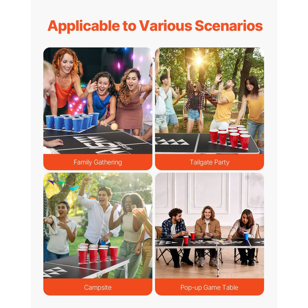 8 Foot Portable Beer Pong Table, Foldable Tailgate Table,Carrying Handles and 6 Pong Balls, Adjustable Height, Lightweight Table for Office, Tailgate Party, Travel and Camping, Black