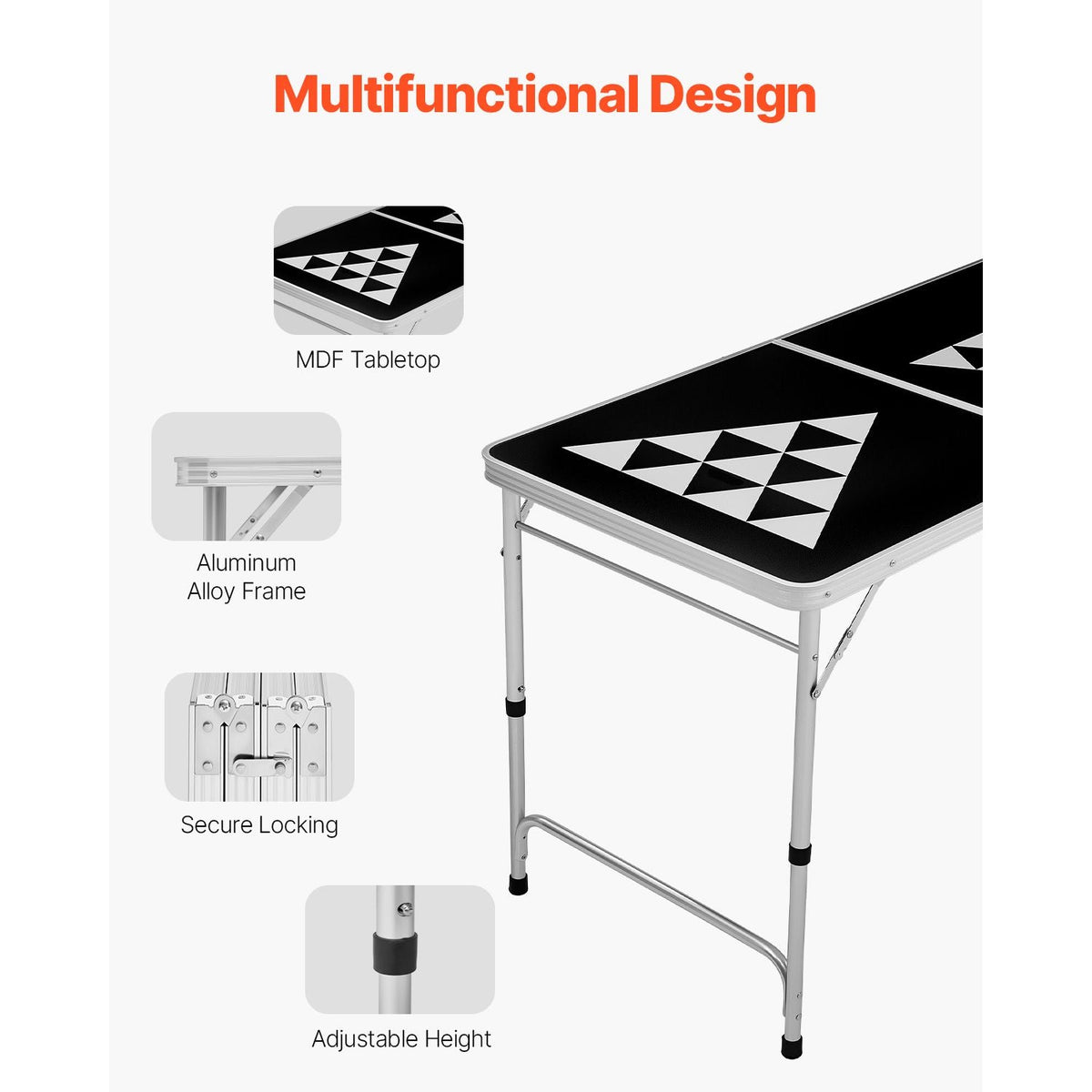 8 Foot Portable Beer Pong Table, Foldable Tailgate Table,Carrying Handles and 6 Pong Balls, Adjustable Height, Lightweight Table for Office, Tailgate Party, Travel and Camping, Black