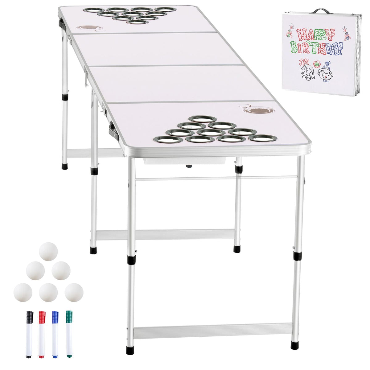 8 Foot Portable Beer Pong Table, Folding Tailgate Table, Cup Holes, Dry Erase Markers and Carrying Handles, Adjustable Height, Lightweight Table for Office, Tailgate Party & Camping, White