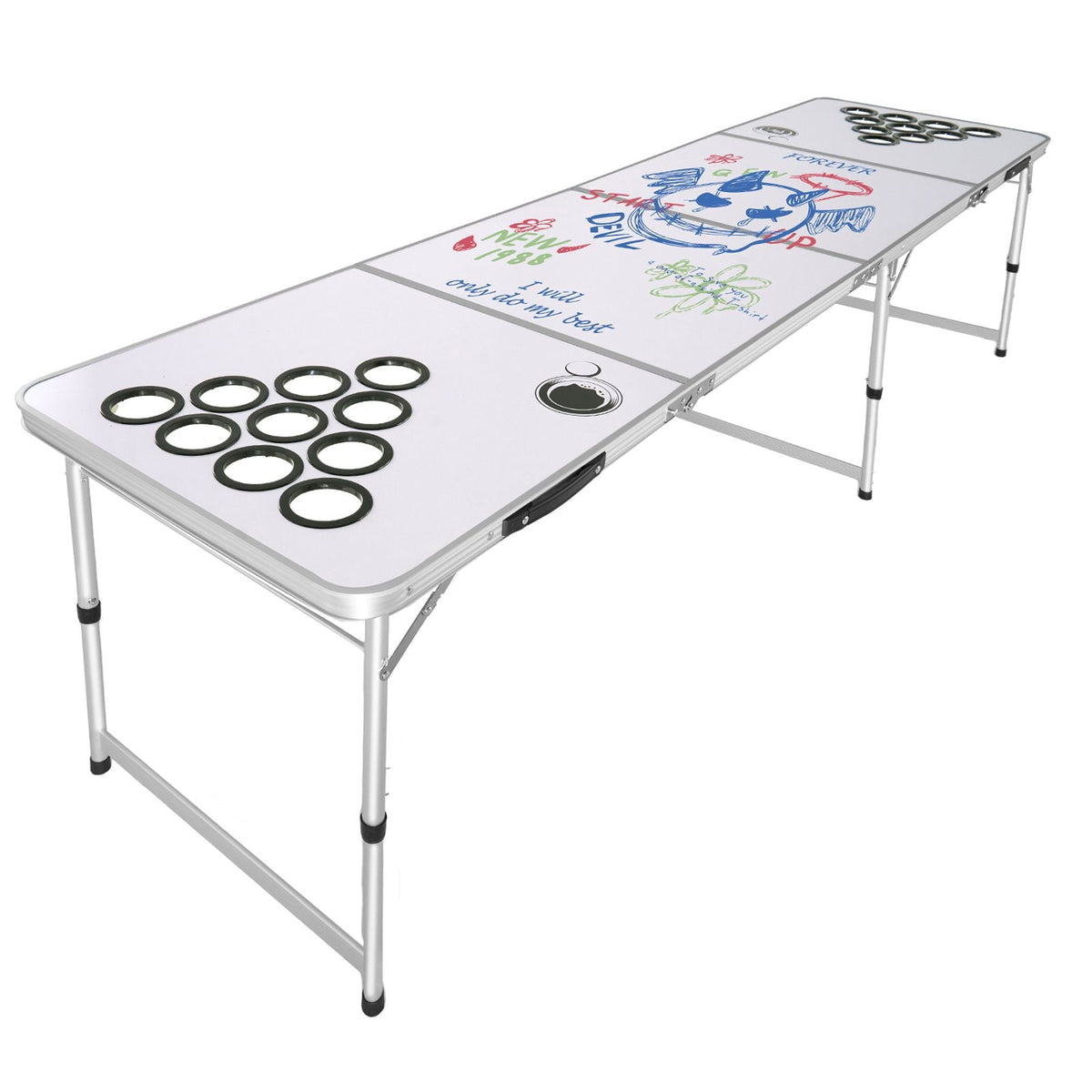 8 Foot Portable Beer Pong Table, Folding Tailgate Table, Cup Holes, Dry Erase Markers and Carrying Handles, Adjustable Height, Lightweight Table for Office, Tailgate Party & Camping, White