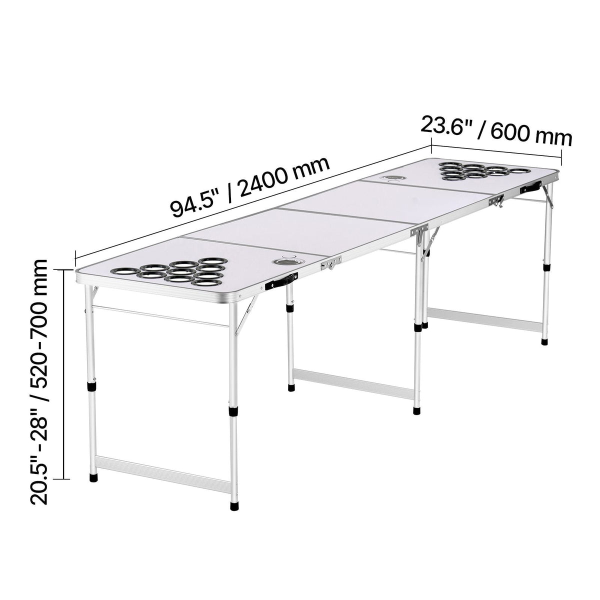 8 Foot Portable Beer Pong Table, Folding Tailgate Table, Cup Holes, Dry Erase Markers and Carrying Handles, Adjustable Height, Lightweight Table for Office, Tailgate Party & Camping, White
