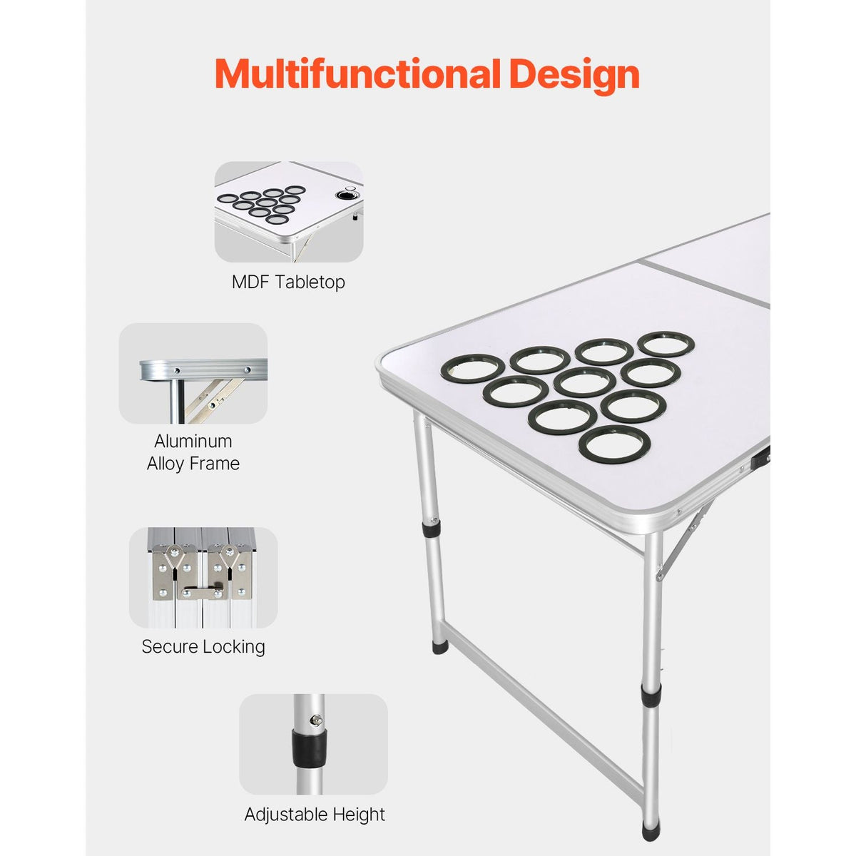 8 Foot Portable Beer Pong Table, Folding Tailgate Table, Cup Holes, Dry Erase Markers and Carrying Handles, Adjustable Height, Lightweight Table for Office, Tailgate Party & Camping, White
