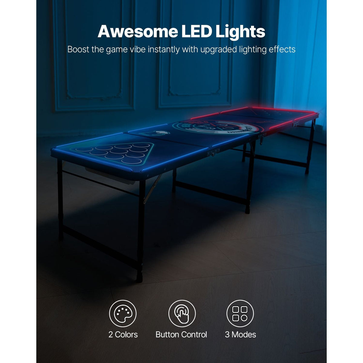 8 Foot Portable Beer Pong Table, LED Lights, Foldable Tailgate Table with Carrying Handles and 6 Pong Balls, Adjustable Height, Lightweight Table for Office, Tailgate Party, Travel & Camping