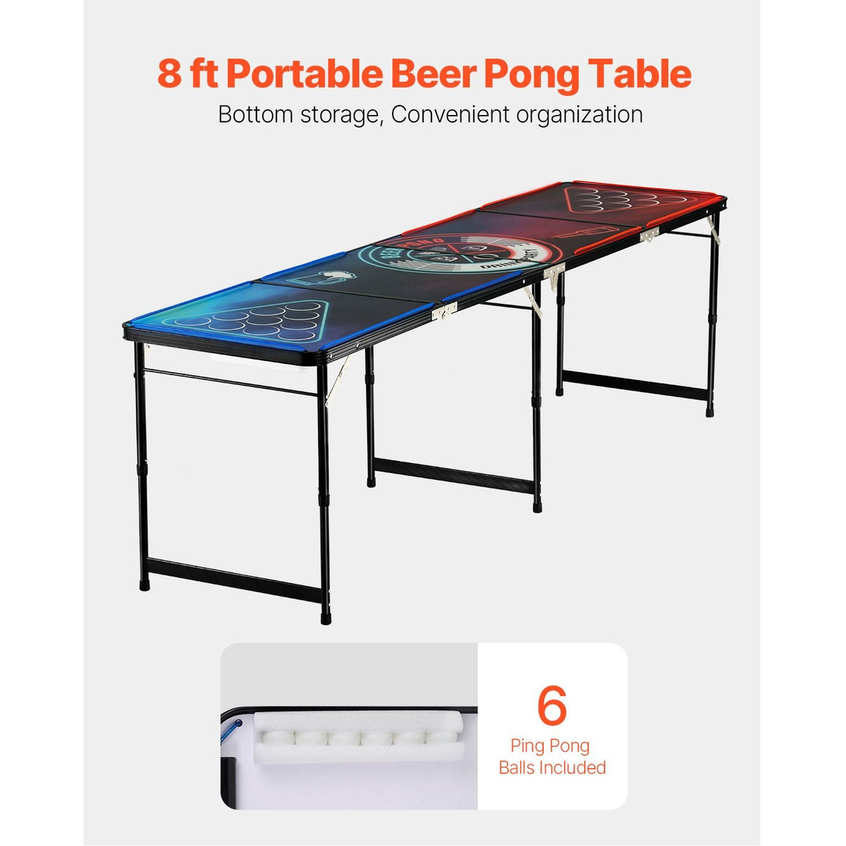 8 Foot Portable Beer Pong Table, LED Lights, Foldable Tailgate Table with Carrying Handles and 6 Pong Balls, Adjustable Height, Lightweight Table for Office, Tailgate Party, Travel & Camping
