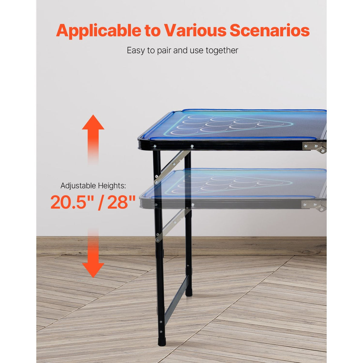 8 Foot Portable Beer Pong Table, LED Lights, Foldable Tailgate Table with Carrying Handles and 6 Pong Balls, Adjustable Height, Lightweight Table for Office, Tailgate Party, Travel & Camping