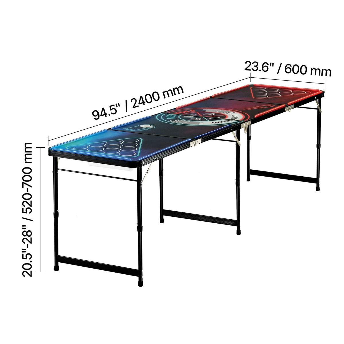 8 Foot Portable Beer Pong Table, LED Lights, Foldable Tailgate Table with Carrying Handles and 6 Pong Balls, Adjustable Height, Lightweight Table for Office, Tailgate Party, Travel & Camping