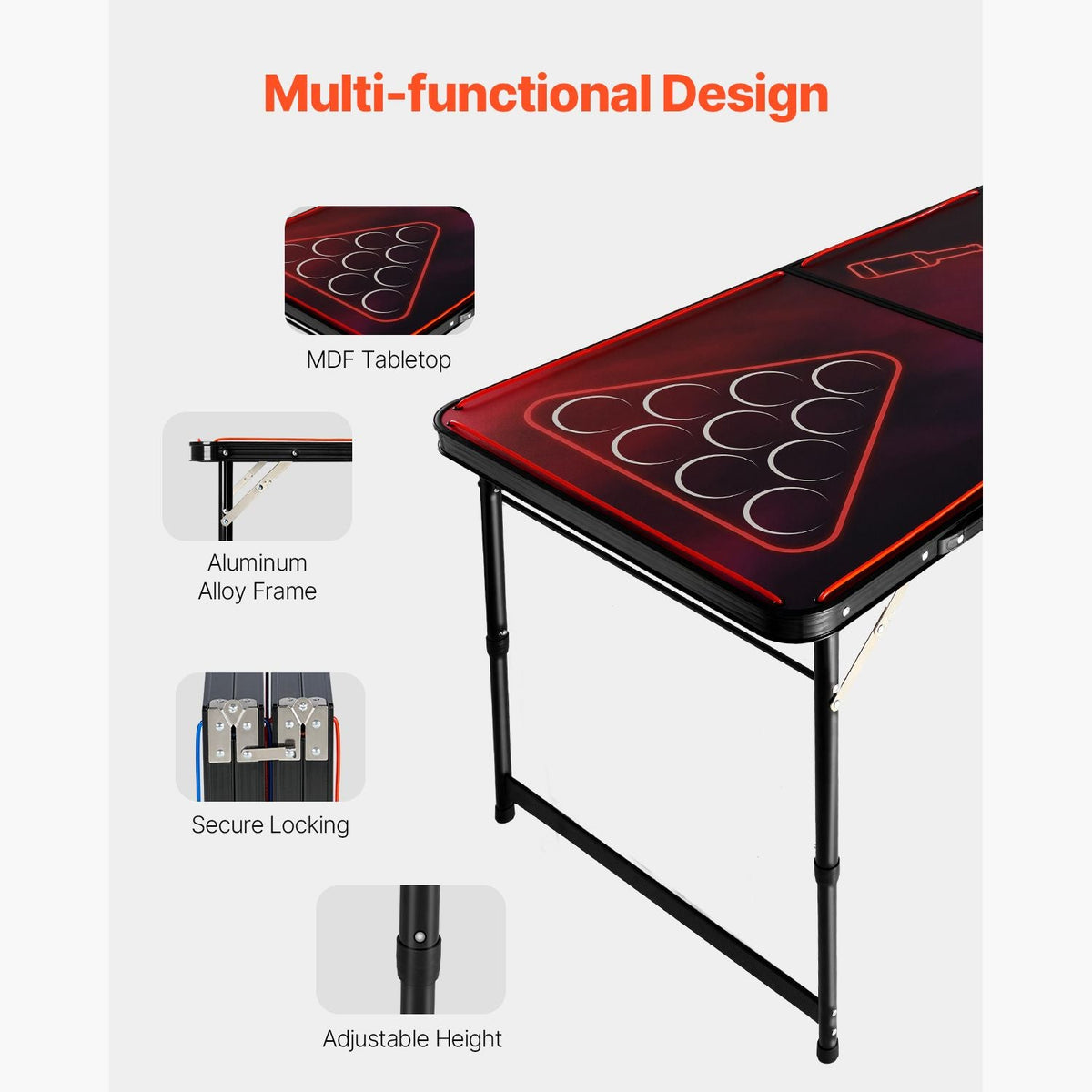 8 Foot Portable Beer Pong Table, LED Lights, Foldable Tailgate Table with Carrying Handles and 6 Pong Balls, Adjustable Height, Lightweight Table for Office, Tailgate Party, Travel & Camping