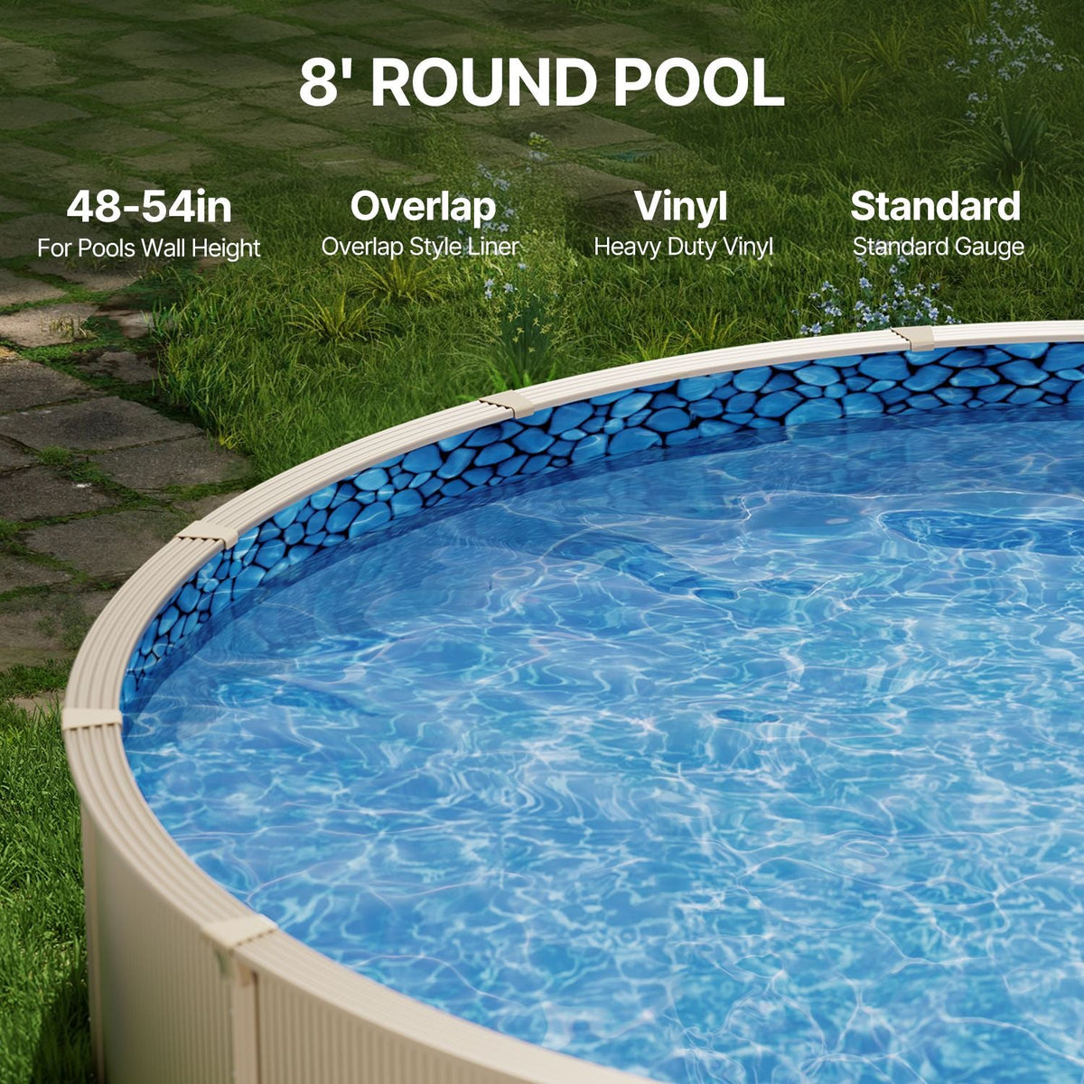 8-ft Round Above Ground Pool Liner, Overlap Pool Liners, Standard Gauge Vinyl, 48-to-54inch Wall Height, Designed for Steel Sided Above-Ground Swimming Pools