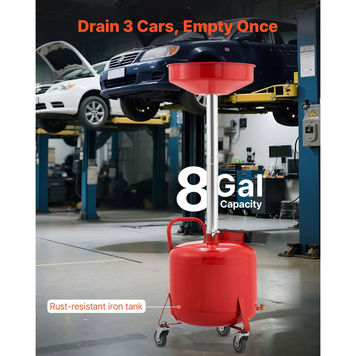 8 Gallon Waste Oil Drain Tank, Industrial Fluid Drain Tank with Adjustable Funnel Height, Portable Oil Drainer with Wheels & Toolbox, Fluid Fuel Transfer Drainage for Auto Repair Shops, Red