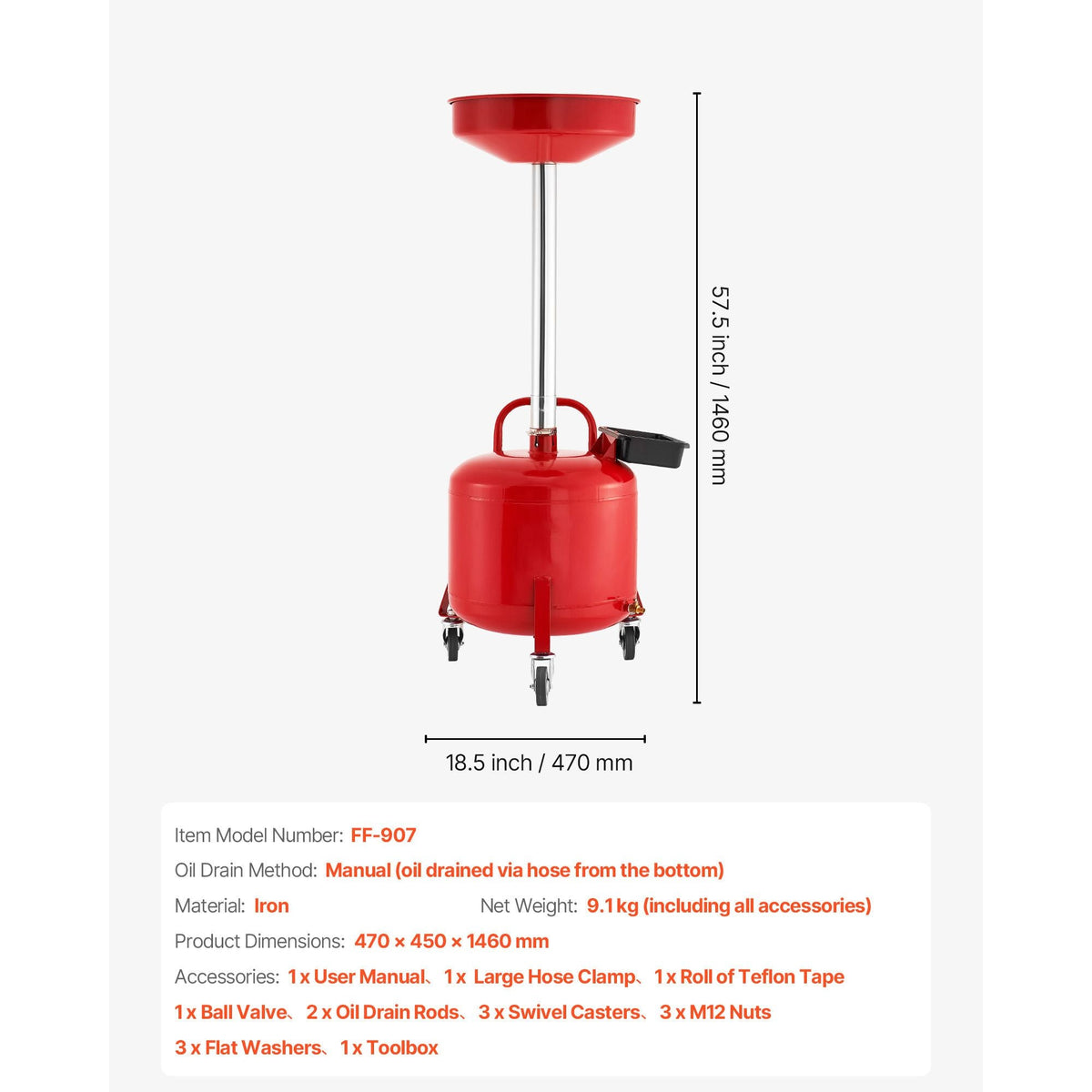 8 Gallon Waste Oil Drain Tank, Industrial Fluid Drain Tank with Adjustable Funnel Height, Portable Oil Drainer with Wheels & Toolbox, Fluid Fuel Transfer Drainage for Auto Repair Shops, Red