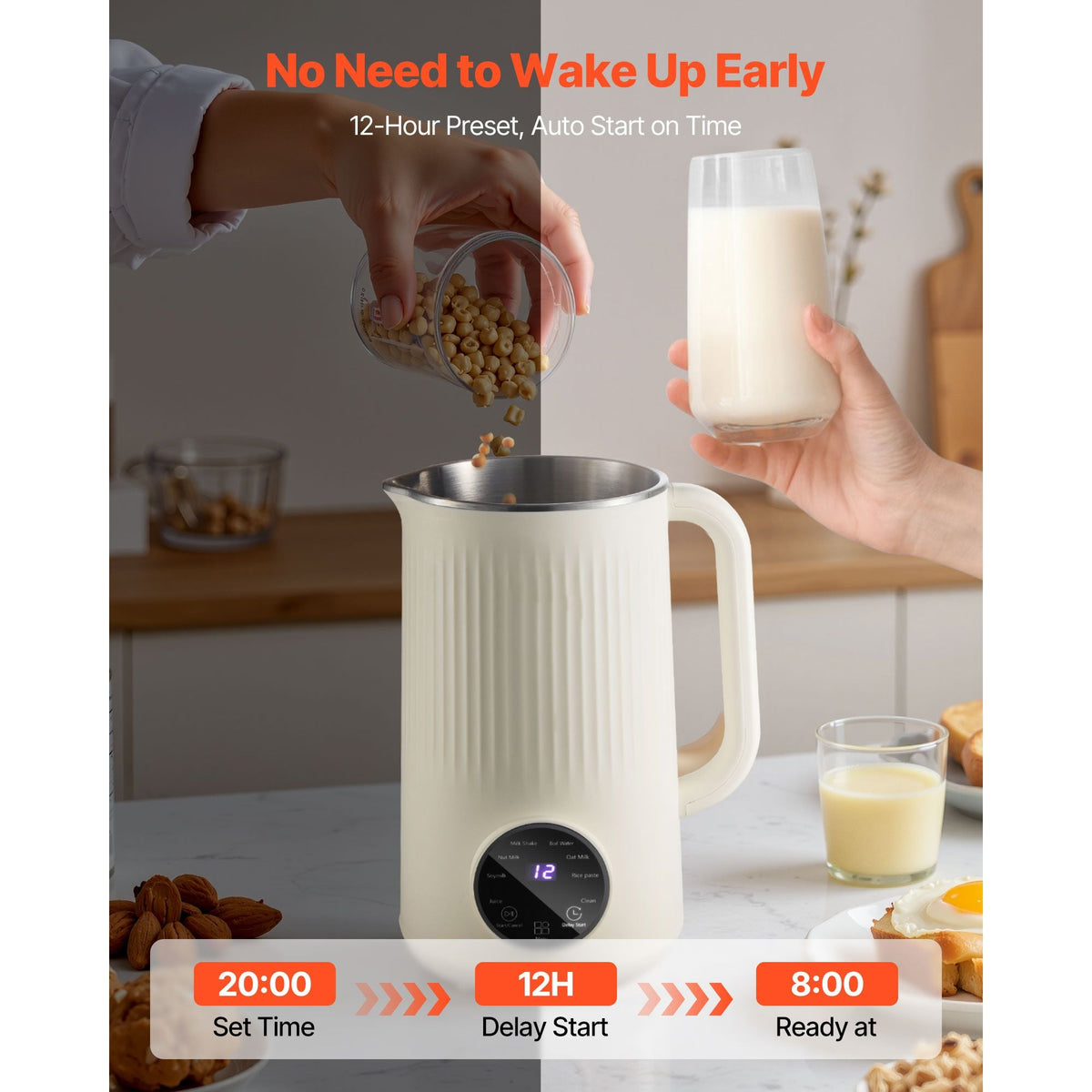 8-in-1 Nut Milk Maker, 41 oz Soy Milk Maker Machine with 10 Blades, for Homemade Oat, Nut, Soy, Juice, Milkshake, Rice Cereal, Plant-Based Beverages with Self-Cleaning, Boil Water, 12-Hour Delay