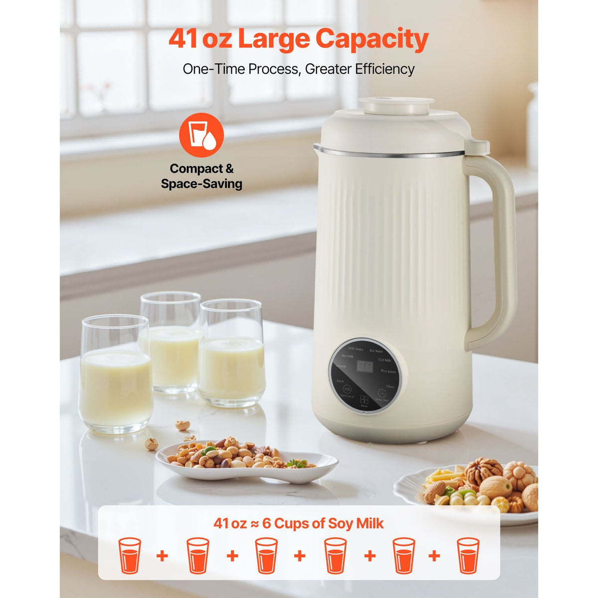 8-in-1 Nut Milk Maker, 41 oz Soy Milk Maker Machine with 10 Blades, for Homemade Oat, Nut, Soy, Juice, Milkshake, Rice Cereal, Plant-Based Beverages with Self-Cleaning, Boil Water, 12-Hour Delay