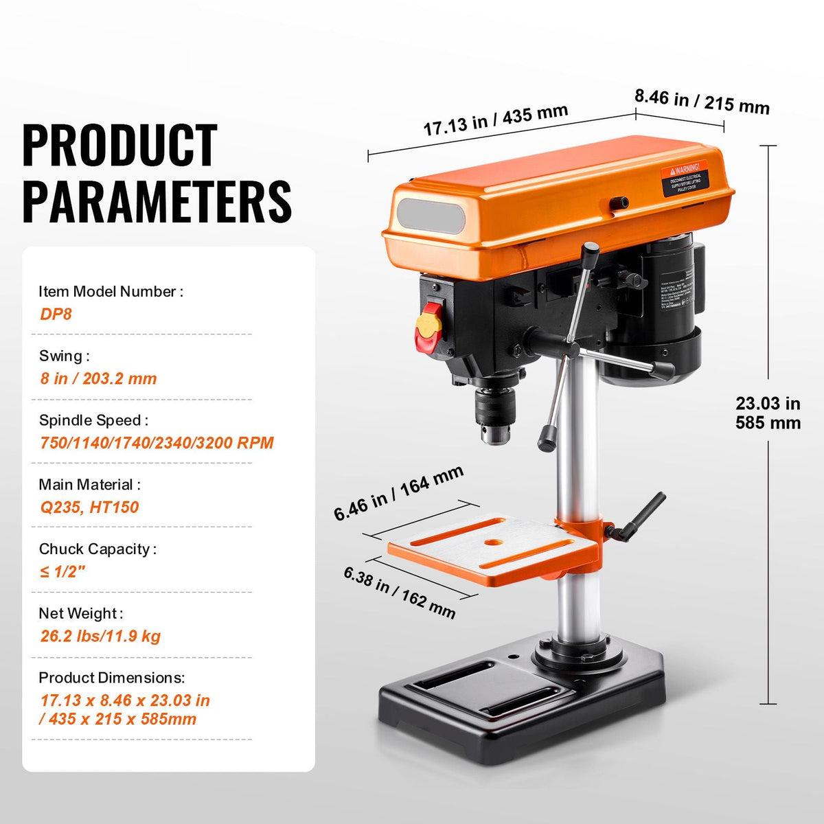 8 in Benchtop Drill Press, 2.5A Induction Motor, Tabletop Drilling Machine with 620 / 1140 / 1740 / 2340 / 3100 RPM Adjustable Speed, 0-45° Tilting Worktable, LED Work Light, for Wood Metal