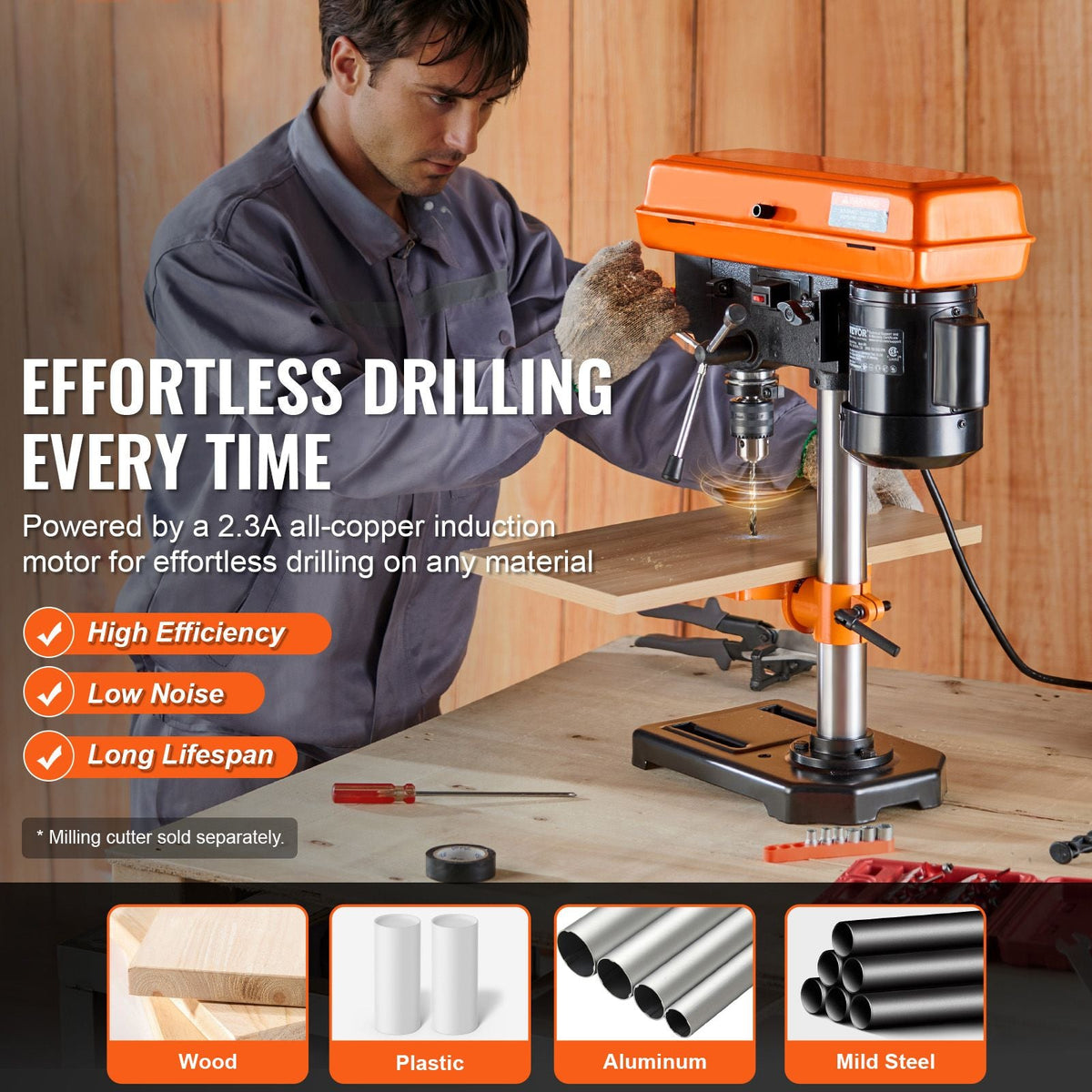 8 in Benchtop Drill Press, 2.5A Induction Motor, Tabletop Drilling Machine with 620 / 1140 / 1740 / 2340 / 3100 RPM Adjustable Speed, 0-45° Tilting Worktable, LED Work Light, for Wood Metal