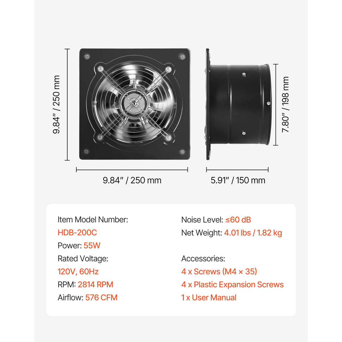 8 Inch Exhaust Fan, 576 CFM High Velocity Wall Mount Vent Fan with On/Off Control, Low Consumption, Portable Ventilation Extractor for Attic,Garage,Basement,Workshop,Kitchen, Chicken Coop,Black