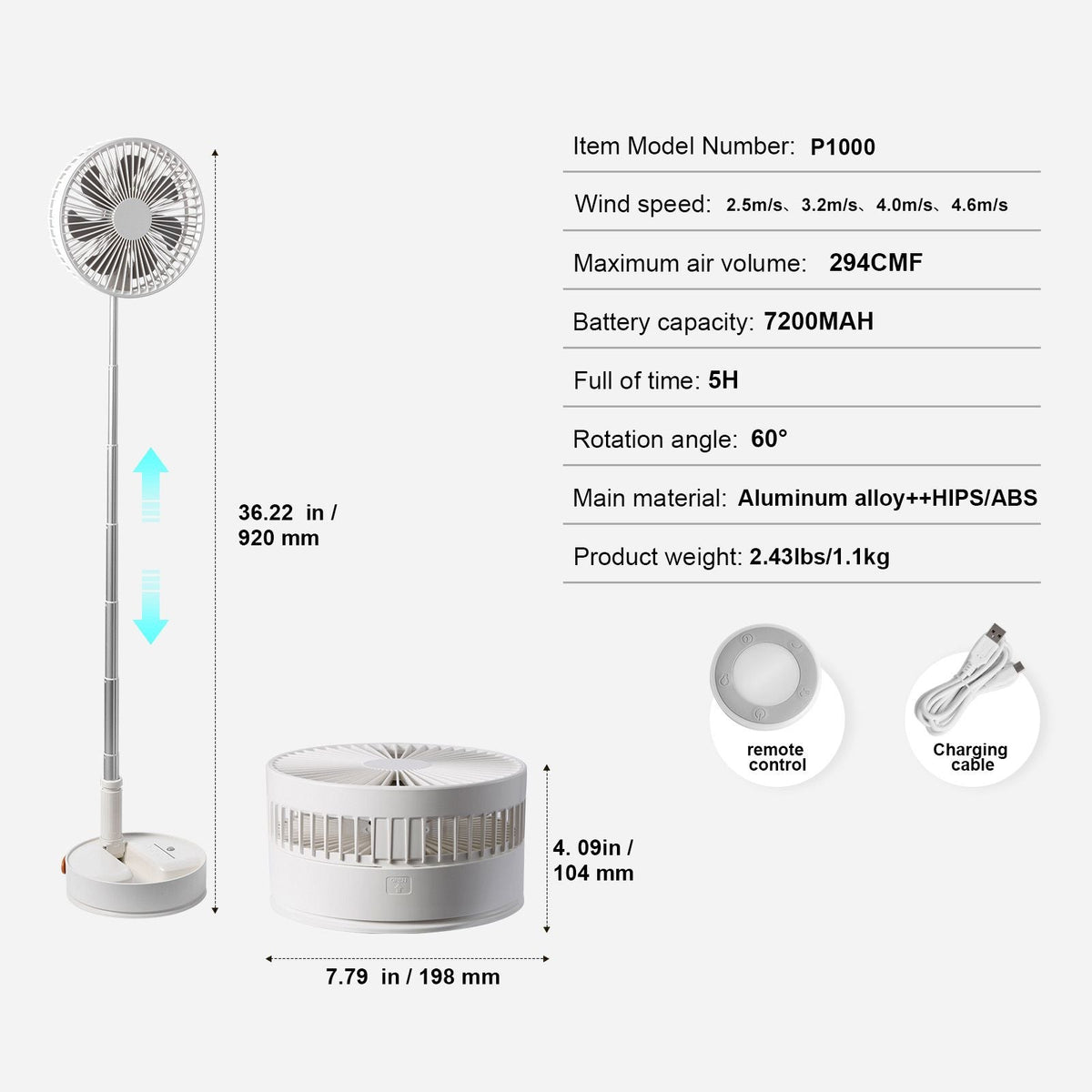 8 Inch Foldable Oscillating Standing Fan with Remote Control, 4 Speed Adjustable Portable Desk Quiet Fan, 7200mah Rechargeable USB Small Fan, Folded Rotating Floor Fan for Bedroom Office Travel