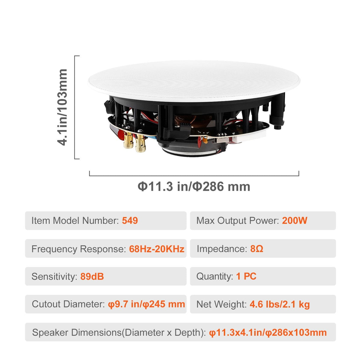 8 Inch in Ceiling Speakers, 200-Watts, Flush Mount Ceiling & in-Wall Speakers System with 8ΩImpedance 89dB Sensitivity, for Home Kitchen Living Room Bedroom or Covered Outdoor Porches, Single