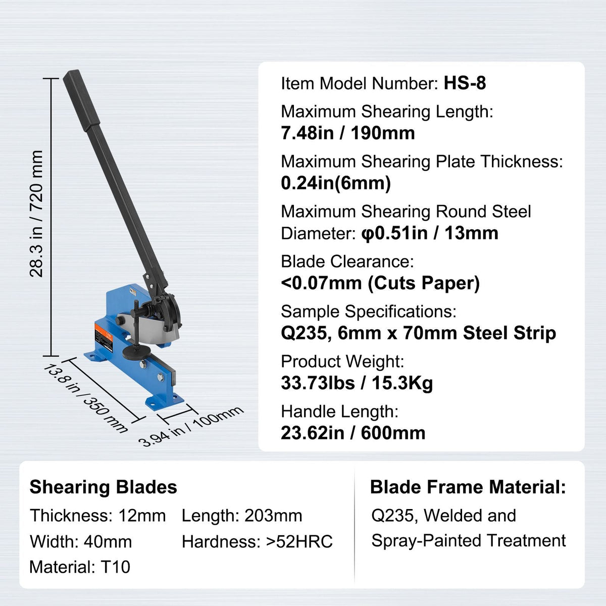 8" Manual Hand Plate Shear for Metal Sheet Processing, HS-8 Benchtop Cutter with Q235 Material, for Crafts Thick Steel Crafting, Heavy Duty Roll Press Machine for Builders, DIY Enthusiasts