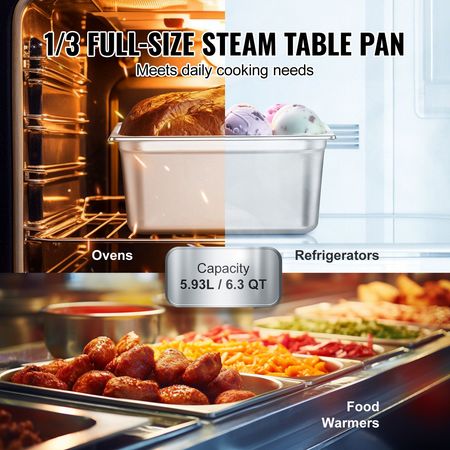 8 Pack Hotel Pans, 1/3 Size Anti-Jam Steam Pan with Lid, 0.8mm Thick Stainless Steel Steam Table Pan, 6-Inch Deep Commercial Table Pan, Catering Storage Food Pan, for Industrial & Scientific