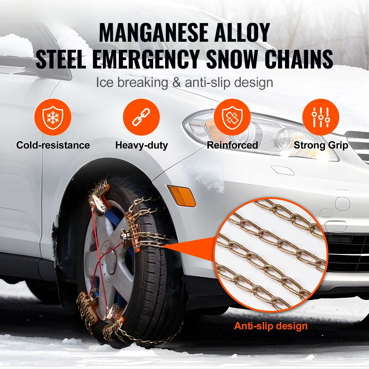8 PCS Snow Chains, Tire Traction Wheel Chains for Tire Width 9.2-11.2 in/235-285 mm, Manganese Alloy Steel Emergency Tire Chains for Cars, Pickups, SUVs, and Trucks