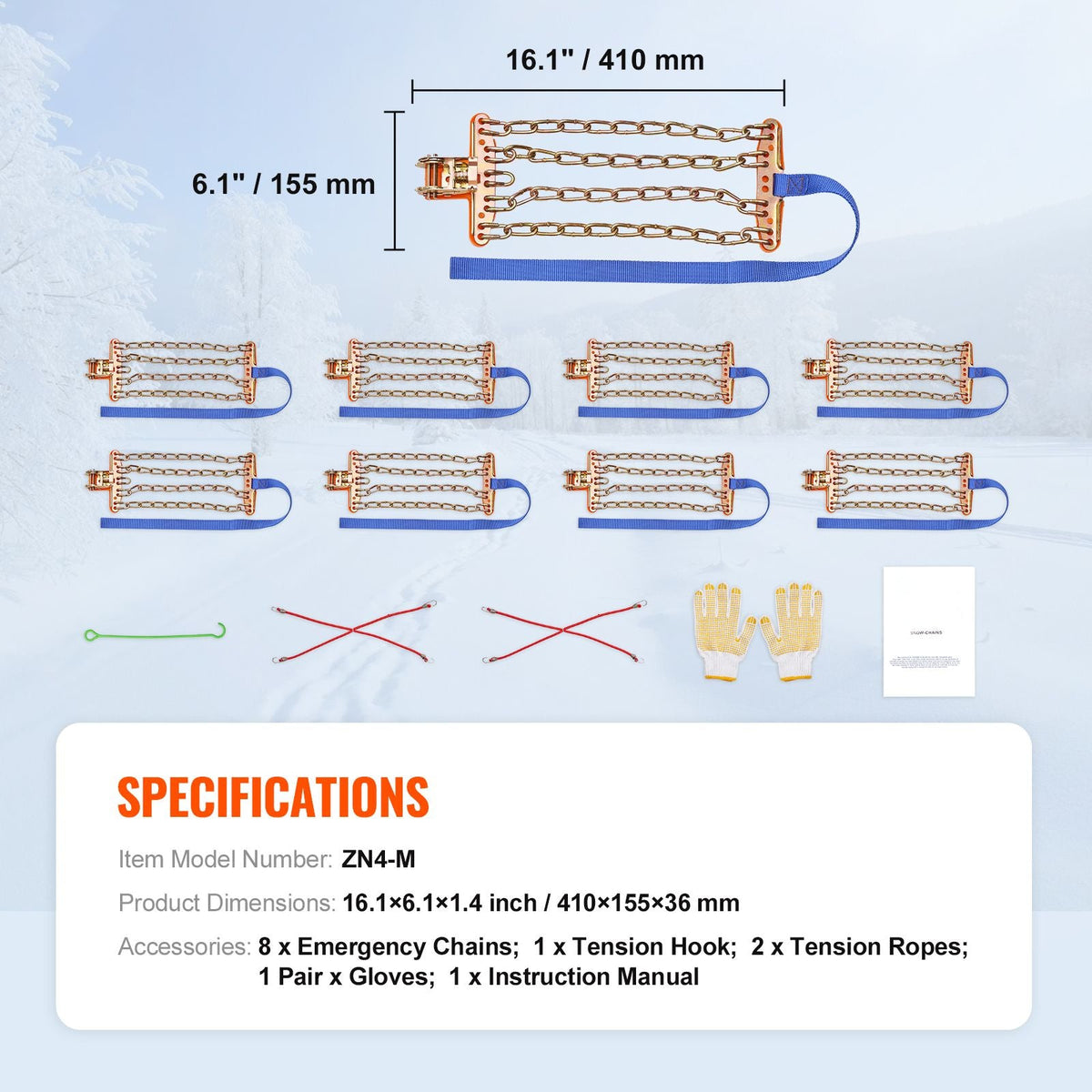 8 PCS Snow Chains, Tire Traction Wheel Chains for Tire Width 9.2-11.2 in/235-285 mm, Manganese Alloy Steel Emergency Tire Chains for Cars, Pickups, SUVs, and Trucks