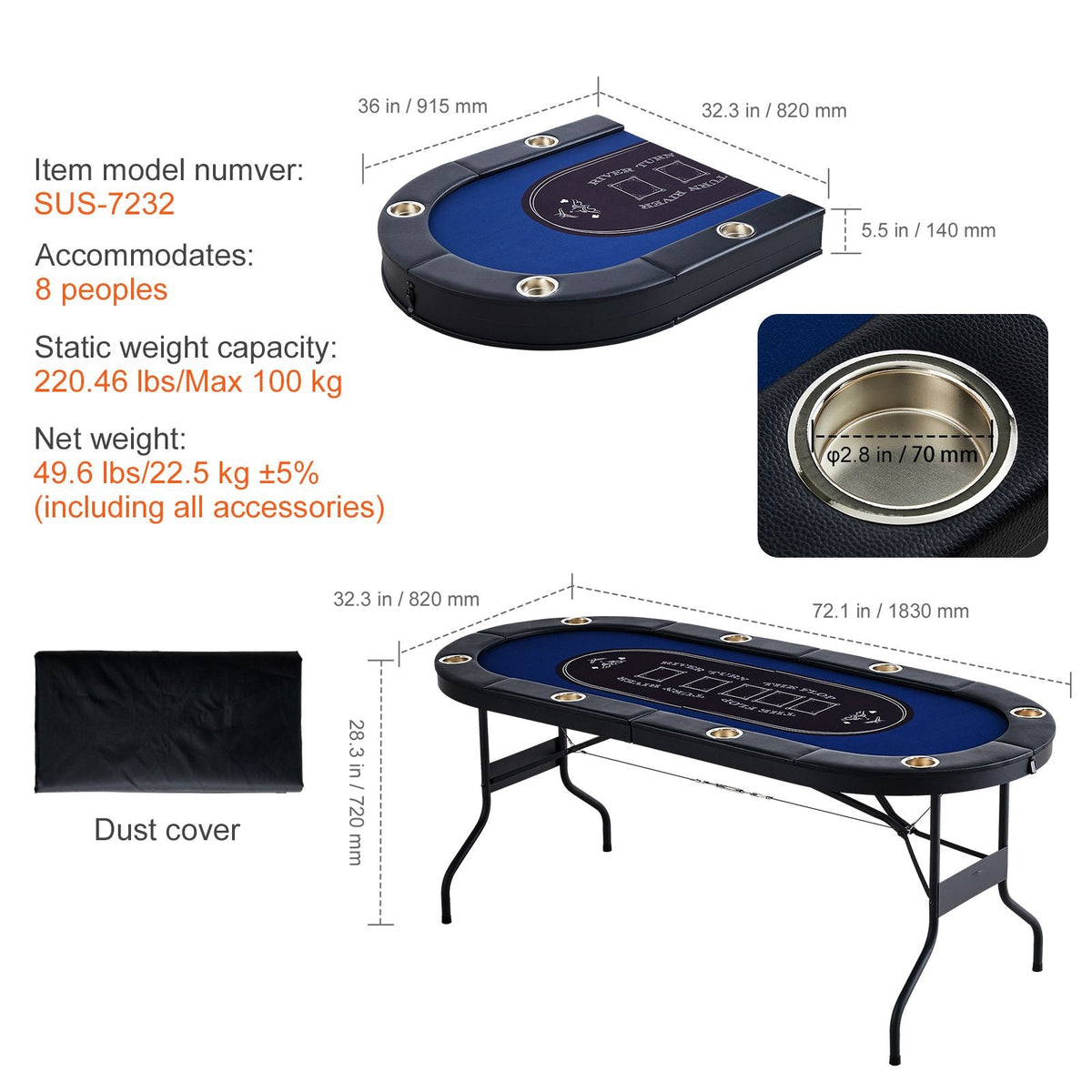 8 Player Foldable Poker Table, Blackjack Texas Holdem Poker Table with Padded Rails and Stainless Steel Cup Holders, Portable Folding Card Board Game Table, 72" Oval Casino Leisure Table, Blue