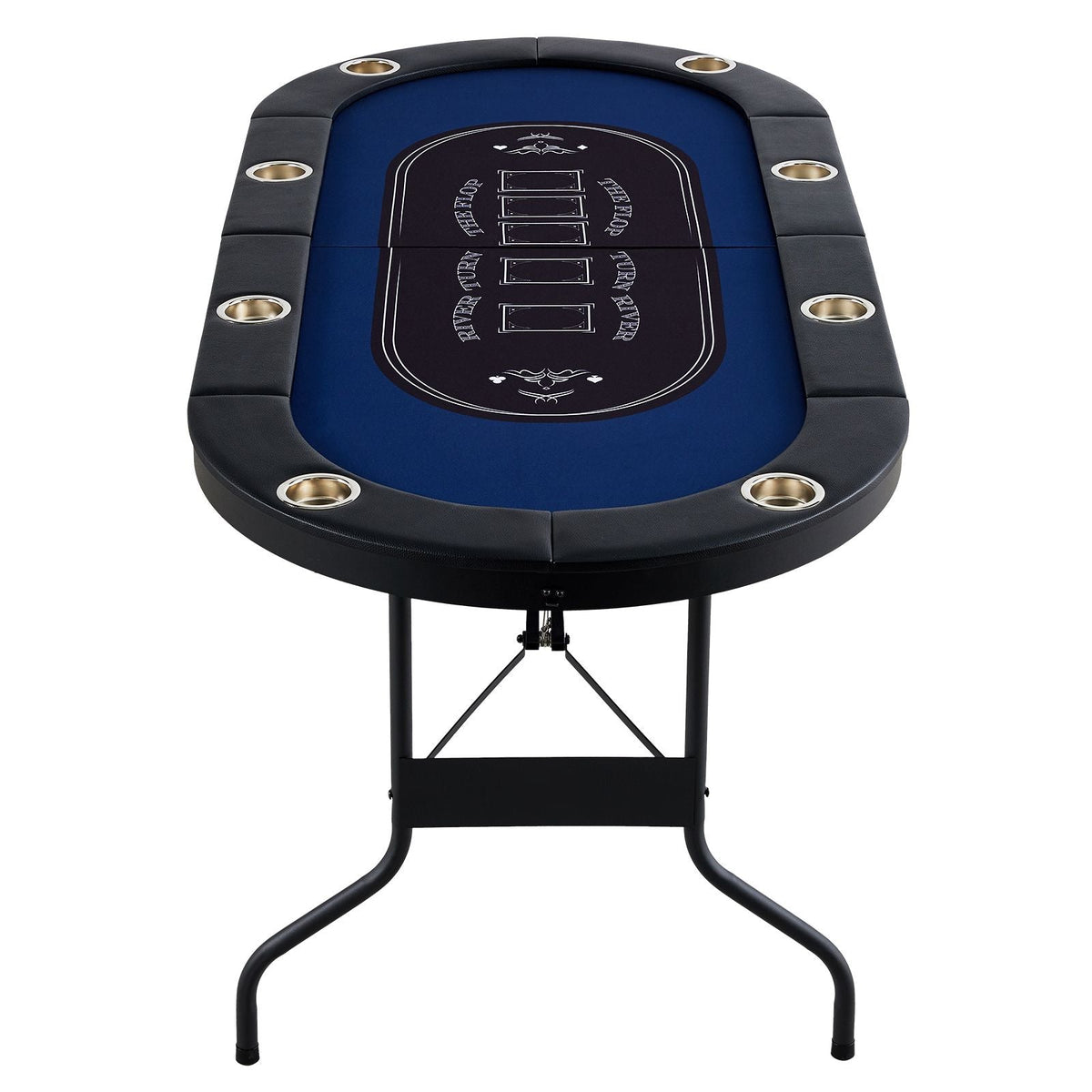 8 Player Foldable Poker Table, Blackjack Texas Holdem Poker Table with Padded Rails and Stainless Steel Cup Holders, Portable Folding Card Board Game Table, 72" Oval Casino Leisure Table, Blue