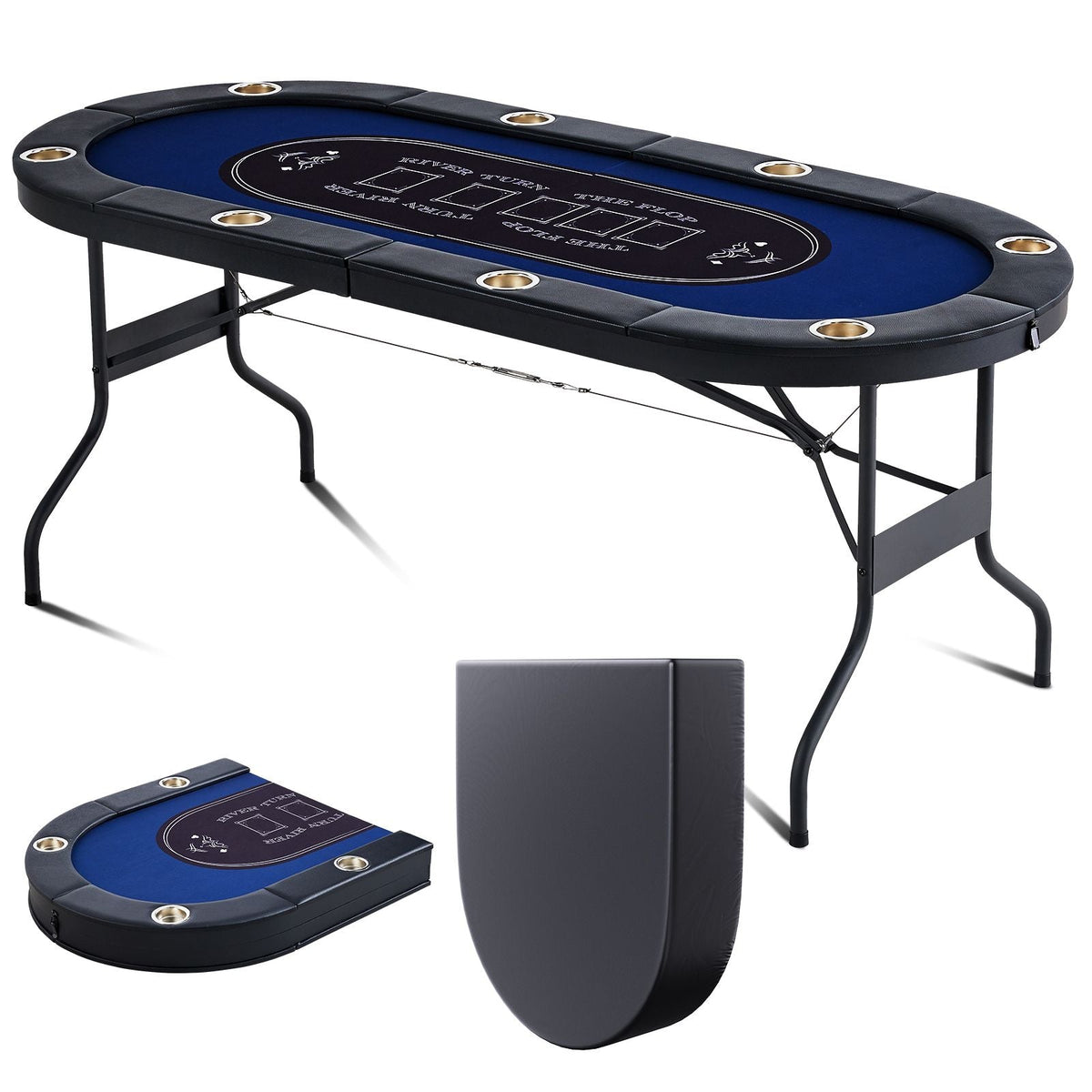 8 Player Foldable Poker Table, Blackjack Texas Holdem Poker Table with Padded Rails and Stainless Steel Cup Holders, Portable Folding Card Board Game Table, 72" Oval Casino Leisure Table, Blue