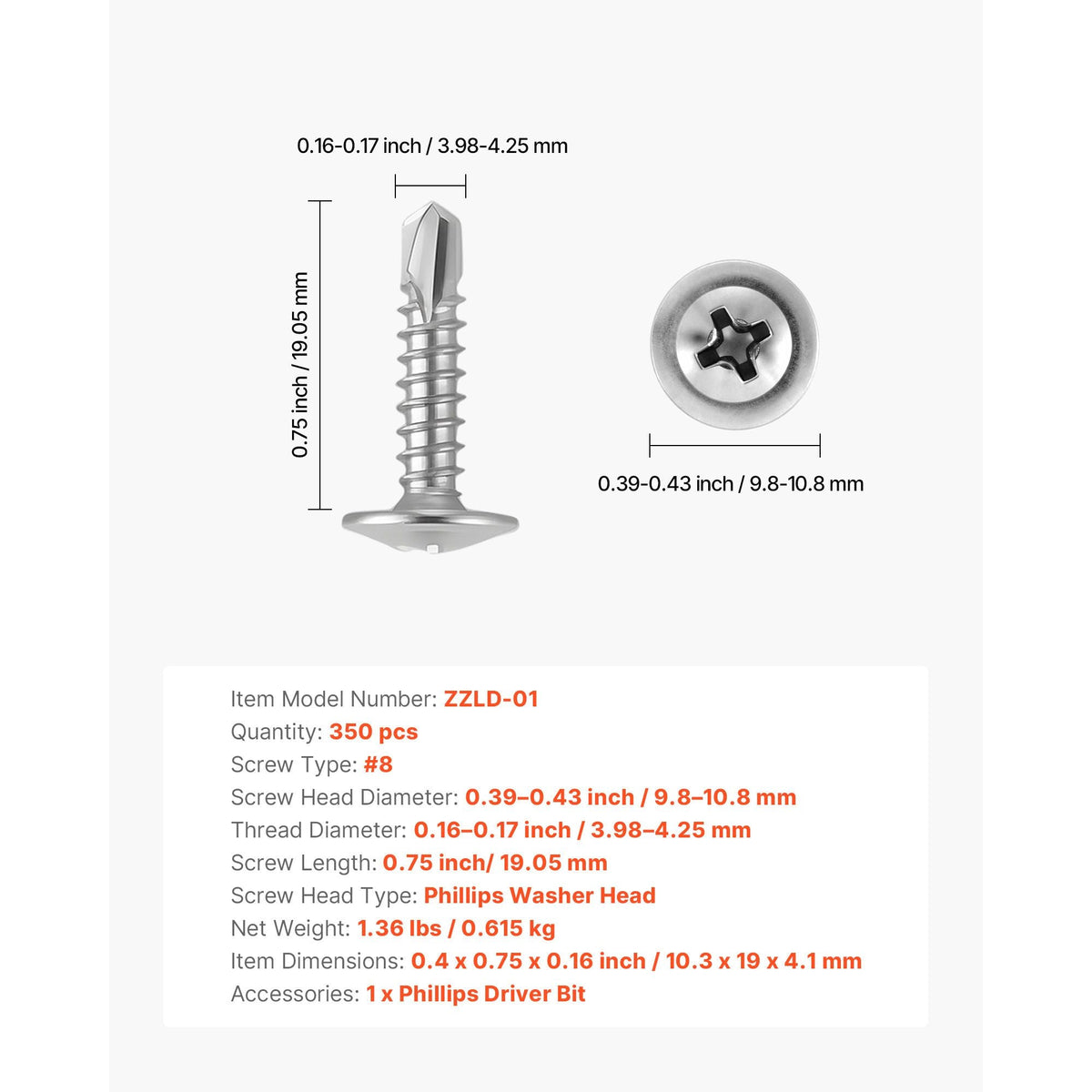 #8 Self Drilling Wood Screws, 3/4 Inch Long 350 PCS Truss Head Wood Screws, Phillips Drive Quick Metal Self Tapping Screw, Stainless Steel and Full Thread, Screwdriver Bit Included, Silver