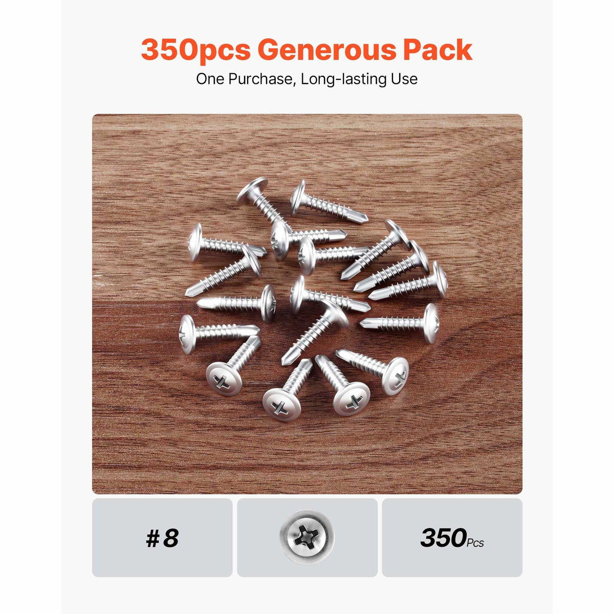 #8 Self Drilling Wood Screws, 3/4 Inch Long 350 PCS Truss Head Wood Screws, Phillips Drive Quick Metal Self Tapping Screw, Stainless Steel and Full Thread, Screwdriver Bit Included, Silver