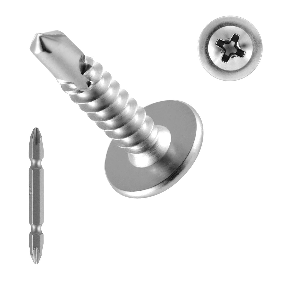 #8 Self Drilling Wood Screws, 3/4 Inch Long 350 PCS Truss Head Wood Screws, Phillips Drive Quick Metal Self Tapping Screw, Stainless Steel and Full Thread, Screwdriver Bit Included, Silver