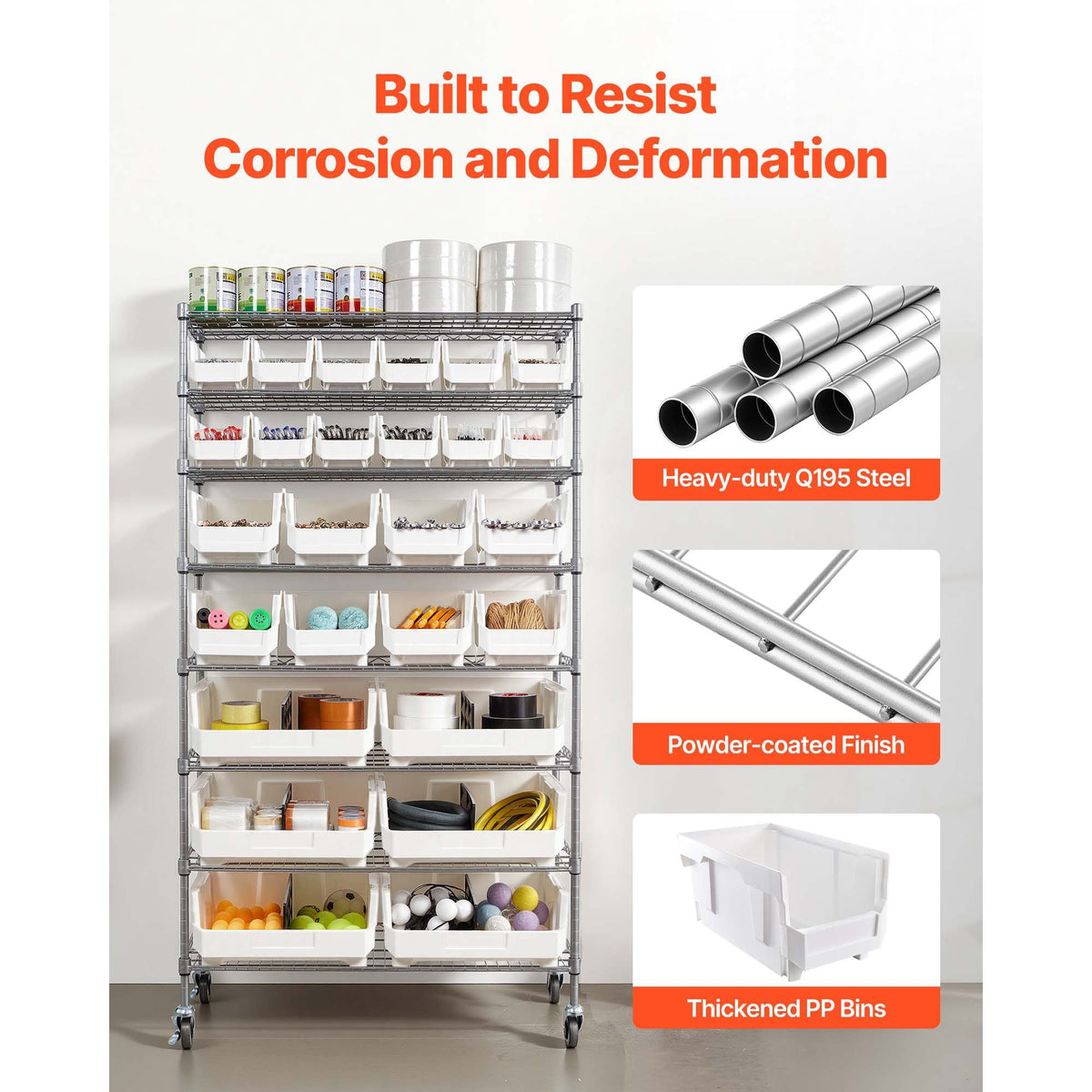 8-Tier Rolling Bin Storage Rack, 26 Organizer Bins, Bin Rack Storage Steel Wire Shelving System with Wheels, Mobile Tool Organizer for Garage, Warehouse, Office, Restaurant, Classroom, Kitchen