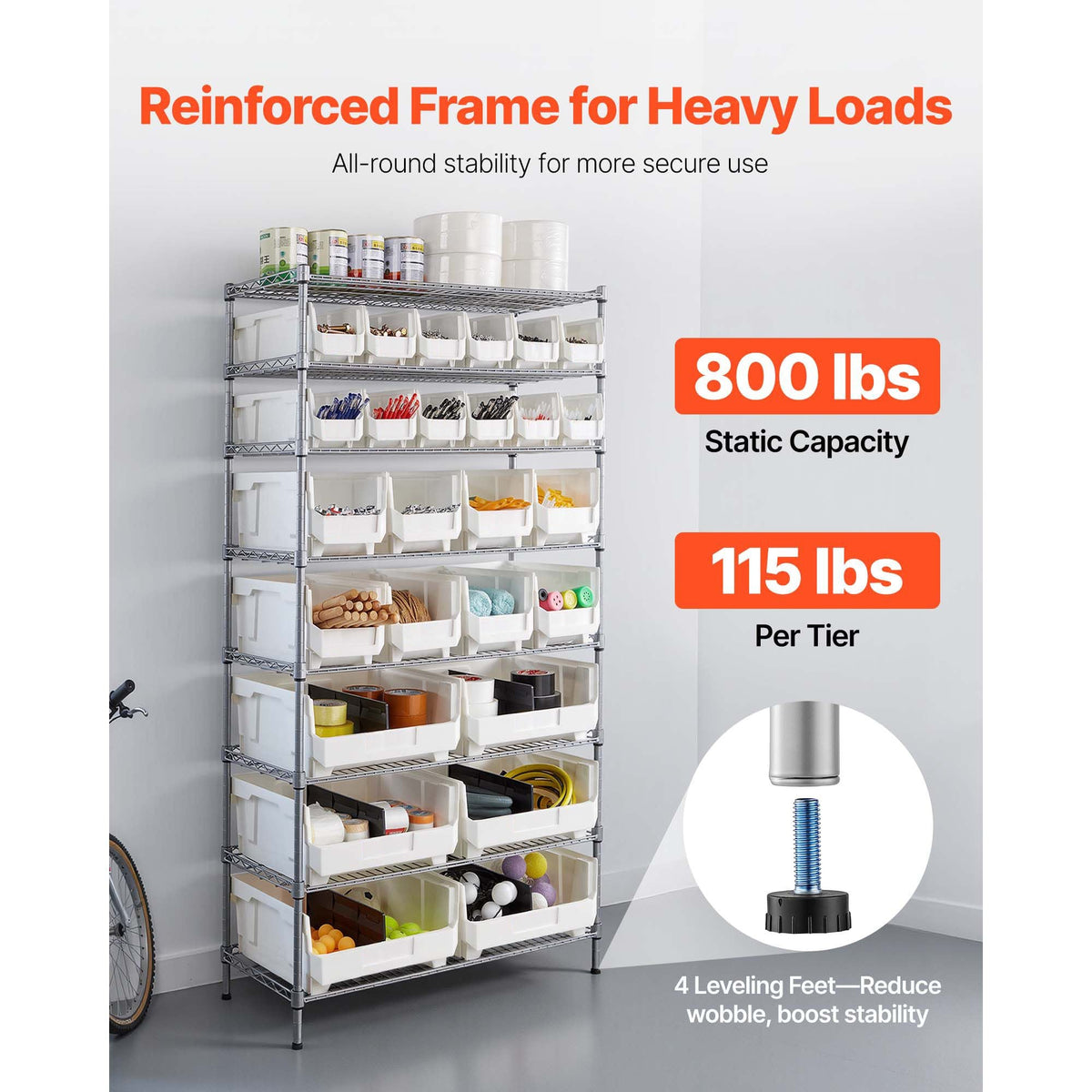 8-Tier Rolling Bin Storage Rack, 26 Organizer Bins, Bin Rack Storage Steel Wire Shelving System with Wheels, Mobile Tool Organizer for Garage, Warehouse, Office, Restaurant, Classroom, Kitchen
