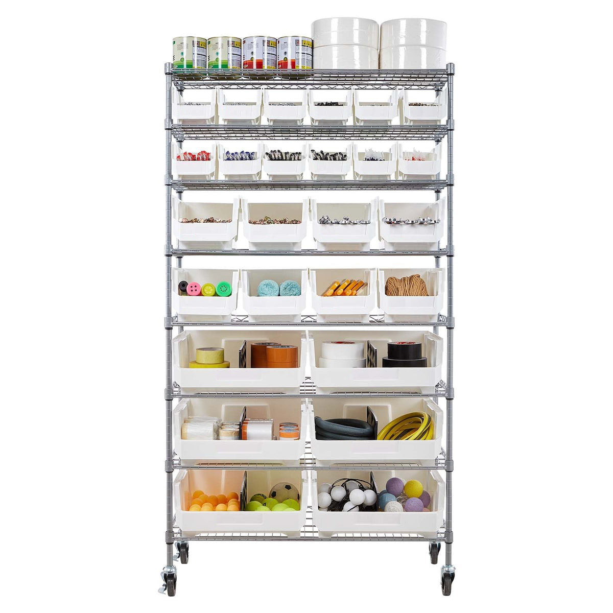 8-Tier Rolling Bin Storage Rack, 26 Organizer Bins, Bin Rack Storage Steel Wire Shelving System with Wheels, Mobile Tool Organizer for Garage, Warehouse, Office, Restaurant, Classroom, Kitchen