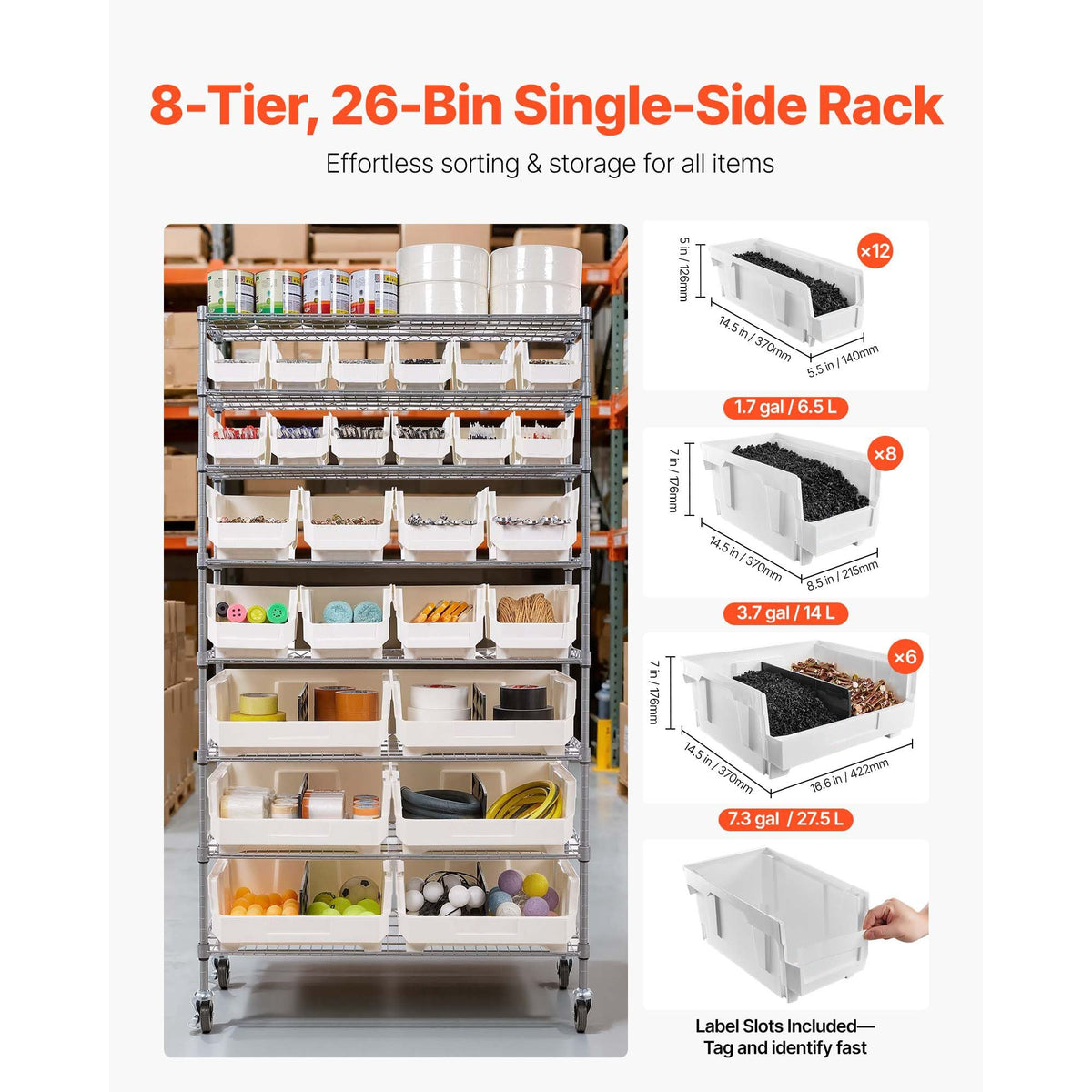 8-Tier Rolling Bin Storage Rack, 26 Organizer Bins, Bin Rack Storage Steel Wire Shelving System with Wheels, Mobile Tool Organizer for Garage, Warehouse, Office, Restaurant, Classroom, Kitchen