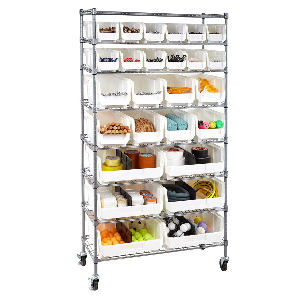 8-Tier Rolling Bin Storage Rack, 26 Organizer Bins, Bin Rack Storage Steel Wire Shelving System with Wheels, Mobile Tool Organizer for Garage, Warehouse, Office, Restaurant, Classroom, Kitchen