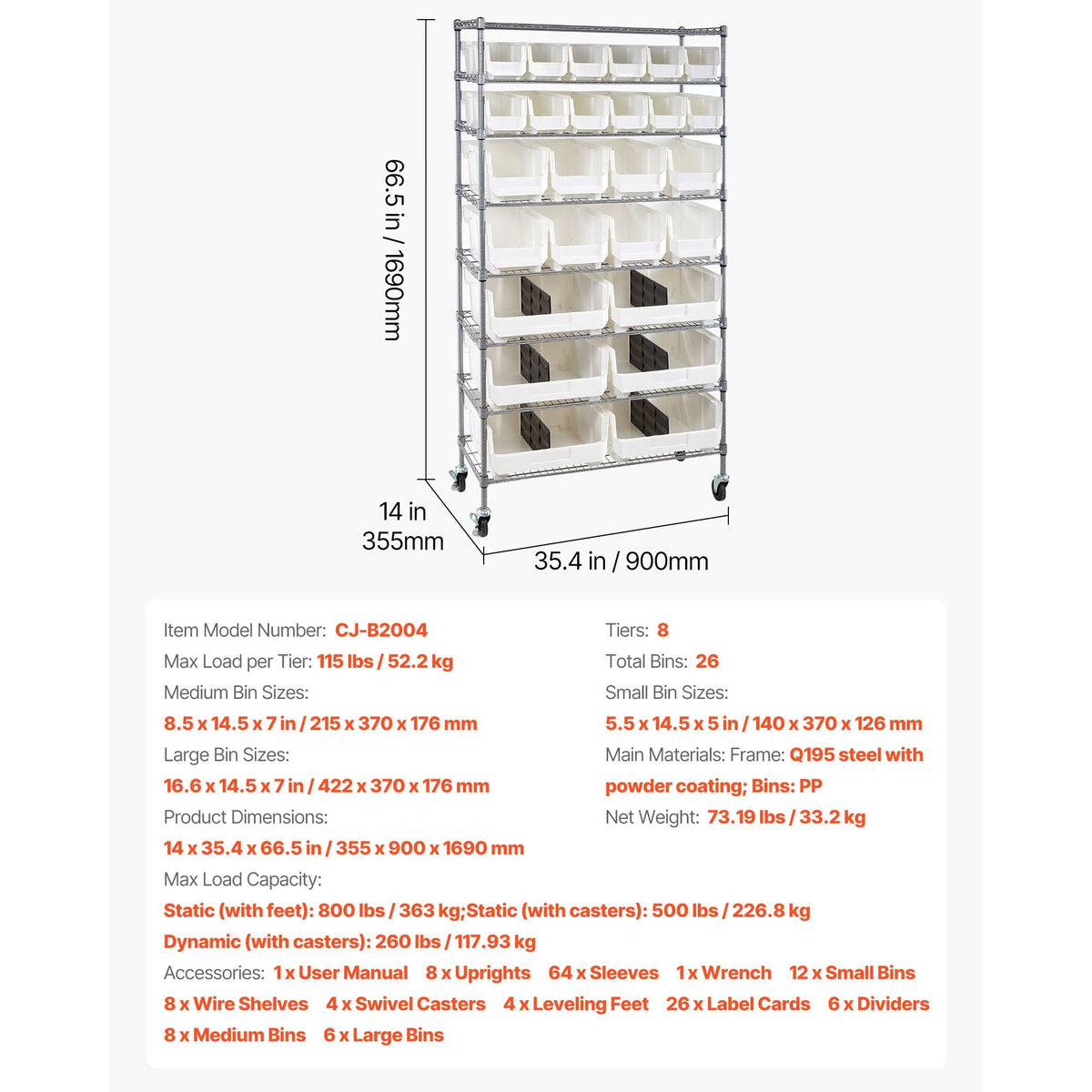 8-Tier Rolling Bin Storage Rack, 26 Organizer Bins, Bin Rack Storage Steel Wire Shelving System with Wheels, Mobile Tool Organizer for Garage, Warehouse, Office, Restaurant, Classroom, Kitchen