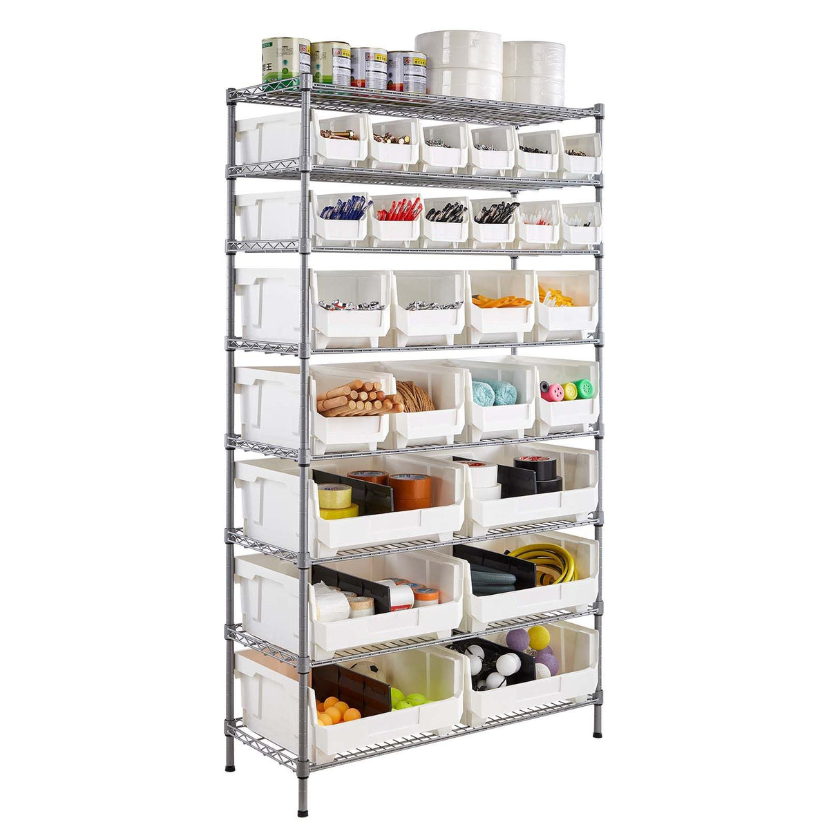 8-Tier Rolling Bin Storage Rack, 26 Organizer Bins, Bin Rack Storage Steel Wire Shelving System with Wheels, Mobile Tool Organizer for Garage, Warehouse, Office, Restaurant, Classroom, Kitchen