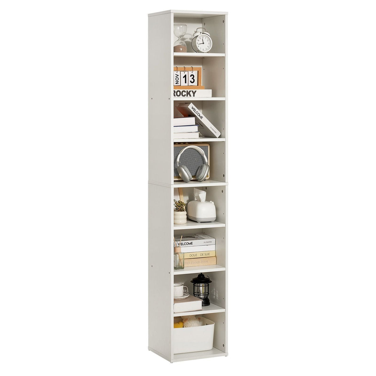 8 Tiers Narrow Bookshelf, 71 in Wooden Tall Open Bookcase with Height-Adjustable Shelf, Freestanding Display Storage Floor Bookcase Bookshelf for Library, Bedroom, Living Room, Office, White
