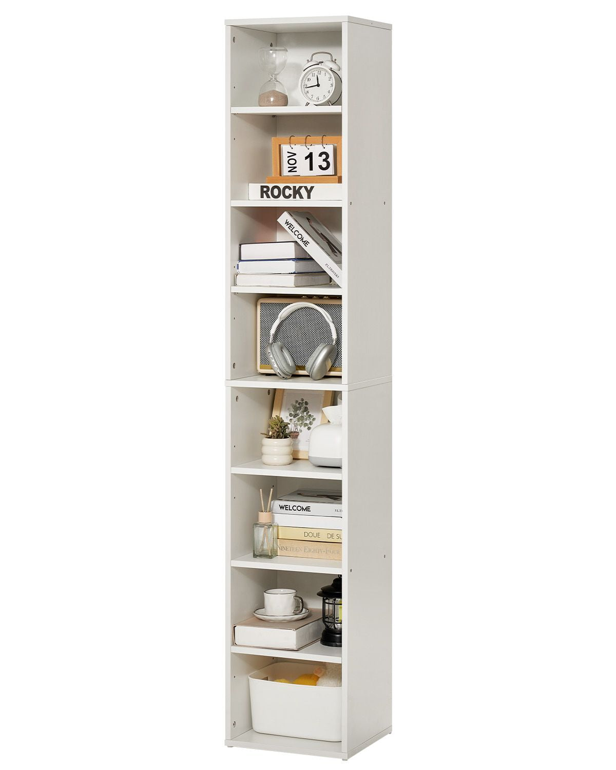 8 Tiers Narrow Bookshelf, 71 in Wooden Tall Open Bookcase with Height-Adjustable Shelf, Freestanding Display Storage Floor Bookcase Bookshelf for Library, Bedroom, Living Room, Office, White