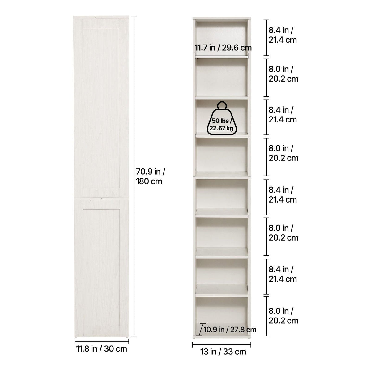 8 Tiers Narrow Bookshelf, 71 in Wooden Tall Open Bookcase with Height-Adjustable Shelf, Freestanding Display Storage Floor Bookcase Bookshelf for Library, Bedroom, Living Room, Office, White
