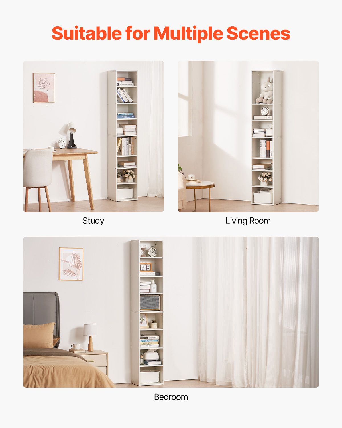 8 Tiers Narrow Bookshelf, 71 in Wooden Tall Open Bookcase with Height-Adjustable Shelf, Freestanding Display Storage Floor Bookcase Bookshelf for Library, Bedroom, Living Room, Office, White